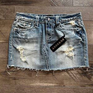 NWT Y2K Anoname Liv Distressed Denim Mini Skirt Crystal Pockets Blue Size 26
